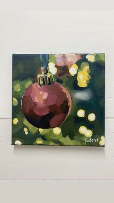 a painting of a red ornament hanging from a tree