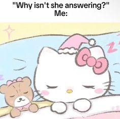 an image of a hello kitty laying in bed with a teddy bear and caption that reads, why isn't she answering me?