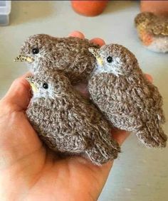 two small crocheted birds are held in the palm of someone's hand