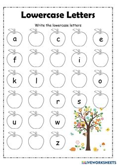 the lowercase letter recognition worksheet with an apple tree