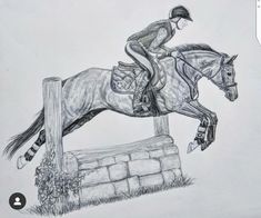 a pencil drawing of a horse and rider jumping over a stone wall