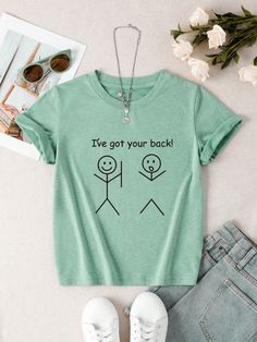 Mint Green Casual Collar Short Sleeve Polyester Cartoon,Slogan  Embellished Slight Stretch  Teen Girls Clothing Teen Shirts, Teen Clothes, Cute Preteen Shirts, Teen Squad Shirts, Teen Svg Shirt, Cute Shirts For Teenagers, Kawaii T-shirt With Funny Print For Summer, Cheap Kawaii Women's T-shirt, Preppy Shirt