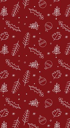 a red background with pink and white doodles on it, including christmas tree branches