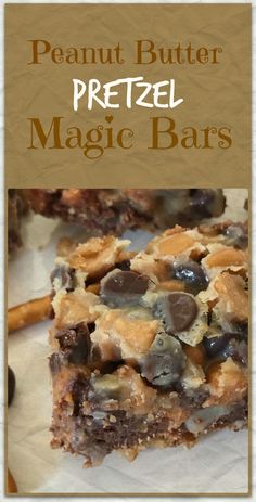 peanut butter pretzel magic bars are stacked on top of each other