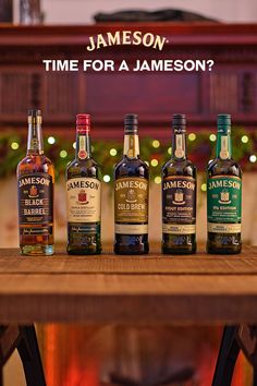 five bottles of jameson on a table with the words time for a jamson?