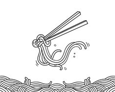 chopsticks and noodles in the water with waves on white background, black and white illustration