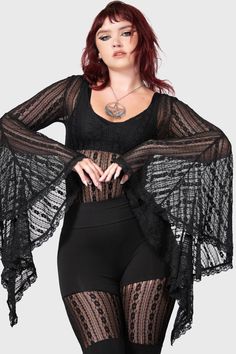 LORELENA.- Soft, stretch lace.- Sheer.- Long waterfall sleeves.- Model is wearing their own undergarments.- Fitted.With KILLSTAR branding, Fabric 1: 98% Polyamide 2% Elastane, Fabric 2: 100% Cotton.Hand wash delicate 30°c / Do not bleach / Do not tumble dry / Iron at low temperature / Do not dry clean. Imported. Plus Size Rave Outfits, Outfits Plus Size Women, Edgy Concert Outfit, Edgy Outfits Grunge, Clean Goth, Weird Poses, Concert Outfit Plus Size, Demon Costume, Cute Edgy Outfits