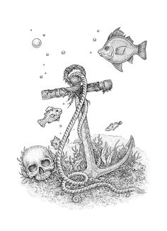 a drawing of an anchor and fish on the sea floor with bubbles in the water