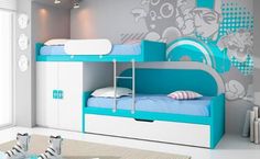 a blue and white bunk bed sitting next to a window