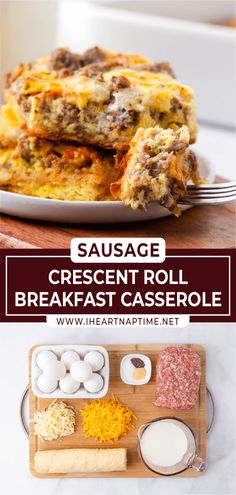 sausage and crescent roll breakfast casserole recipe with eggs, cheese, bacon, and other ingredients