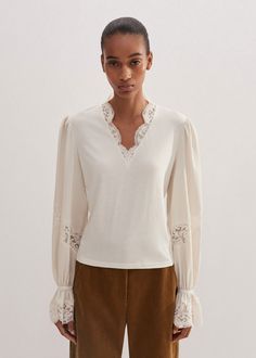 Satin Lace Layering Blouse | ME+EM Elegant Top With Lace Collar And Stretch, Elegant Stretch Top With Lace Collar, Elegant Tops With Lace Collar And Stretch, Elegant V-neck Top With Lace Work, Elegant Lace V-neck Top, Feminine Lace Top With V-neck And Lace Collar, Feminine V-neck Lace Top With Lace Collar, Elegant V-neck Lace Top With Patchwork, Feminine V-neck Top With Lace Sleeves