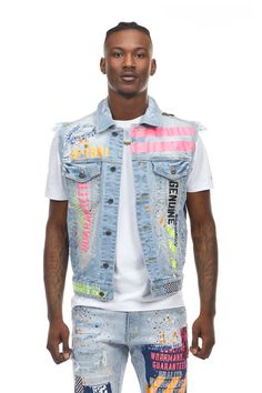 Summer Medium Wash Denim Vest For Streetwear, Spring Light Wash Denim Vest For Streetwear, Medium Wash Denim Vest For Summer Streetwear, Light Wash Cotton Denim Vest For Streetwear, Urban Cotton Denim Vest For Spring, Urban Style Denim Vest With Pockets For Spring, Urban Denim Vest For Spring, Urban Sleeveless Outerwear For Spring, Urban Sleeveless Spring Outerwear