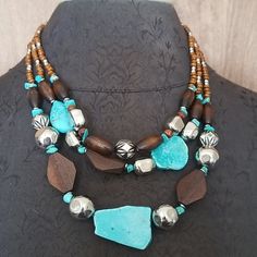 New 3 Strand Necklace With Chunks Or Turquoise And Wood And Silver Alloy Beads. Length Is Adjustable From 16 To 19". Comes With Black Velvet Bag. Vintage Jewelry Ideas, Velvet Bag, Strand Necklace, Boho Necklace, Jewelry Ideas, Black Velvet, Blue Brown, Jewelry Inspiration, Vintage Jewelry