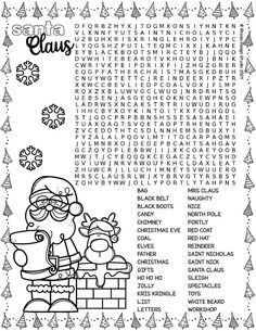 a christmas word search page with santa and his reindeers in the snowflakes