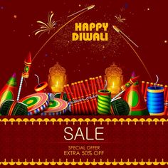 happy diwali sale poster with colorful items and fireworks on dark red background illustration