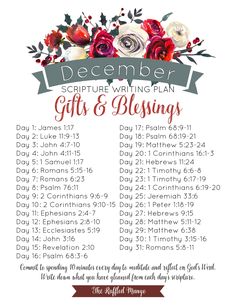 a white poster with red flowers and the words, december scripture writing plan gifts & blessings