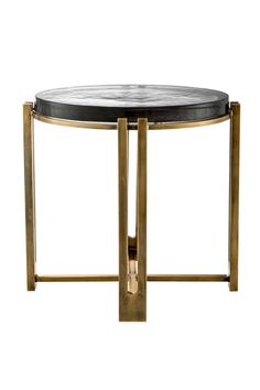 a black and gold side table with marble top on white background, viewed from the front