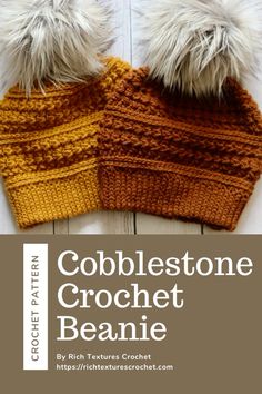 two crocheted beanies on top of each other with text that reads cobblestone crochet beanie