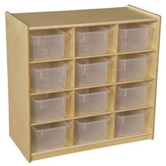 a wooden toy storage unit with twelve clear plastic bins on the front and bottom shelves