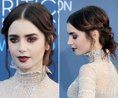 Lily Collins looked like a goth princess at the Critics’ Choice Awards on Dec. 11 in Los Angeles. Get her exact beauty look below! Vampy Bun, Lily Collins Dress, Vampy Lips, Goth Princess, Critics Choice Awards, Formal Makeup, Makeup And Hair