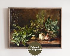 a painting on the wall with vegetables and herbs