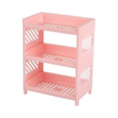 three tiered plastic shelf with holes on the bottom and sides in pink, against a white background