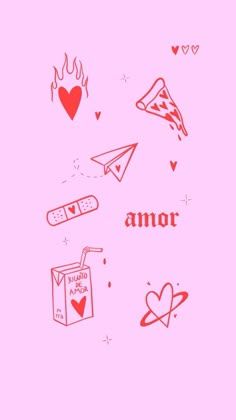 the words and symbols are drawn in red ink on a pink background with hearts, an envelope