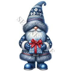 a blue and white christmas gnome with a red bow on it's chest, holding a