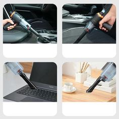 four images show different angles of the same device, including a laptop and a vacuum