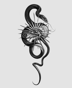 a black and white drawing of a snake with an eye on it's head