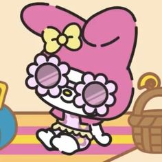 an image of a cartoon character with sunglasses and a bow on her head sitting in front of a basket