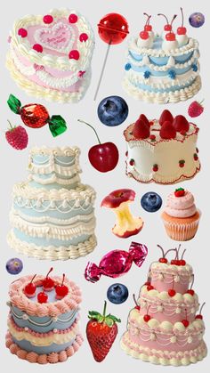 many different types of cakes with cherries on top and blueberries on the bottom