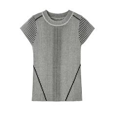 Lightweight knit Retro striped pattern Crew neck Slim fit with stretch 2 colors available This short-sleeve top features a retro striped pattern and a classic crew neck. The lightweight knitted fabric offers a flattering slim fit, making this top both comfortable and chic for everyday wear. Slim Fit Top, Knitwear Tops, Grey Khakis, Lightweight Knit, Workout Tops, Everyday Essentials Products, Short Sleeves Tops, Knitted Fabric, Top Shirt