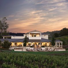 a large white house sitting on top of a lush green hillside next to a vineyard