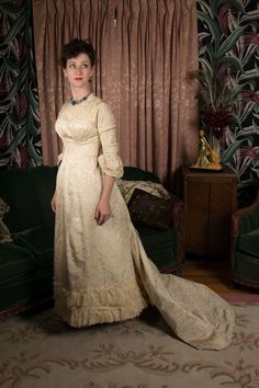 Authentic Victorian Dress C. 1878-81 Authentic Victorian Ivory Silk Jacquard Wedding or Evening Dress - Etsy Cream Victorian Ball Gown For Wedding, Vintage Brocade Victorian Dress For Wedding, Fitted Gold Victorian Dress In Vintage Style, Fitted Gold Victorian Vintage Dress, Cream Victorian Dress With Fitted Bodice In Vintage Style, Fitted Gold Victorian Dress, Vintage Style, Cream Victorian Dress With Fitted Bodice, Fitted Historical Victorian Dress For Wedding, Brocade Victorian Dress With Historical Design For Wedding