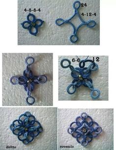 four pictures showing the steps to crochet an ornament in different styles