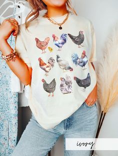 Painted Chickens Shirt, Comfort Colors Shirt, Cute Chicken Shirt, Homesteading Shirt, Chicken Lover Shirt, Rooster Shirt, Cute Chicken Shirt by AddiBettDesigns on Etsy Soft-washed Acid Wash Cotton Top, Summer Cotton Bleached Shirt, Soft-washed Cotton Shirt For Fall, Spring Cotton Bleached Tops, Acid Wash Cotton Shirt With Crew Neck, Casual Bleached Cotton Shirt, Spring Crew Neck Bleached Tops, Bleached Cotton Short Sleeve Shirt, Cotton Bleached Short Sleeve Shirt