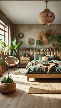 a bedroom with wooden floors and plants on the wall