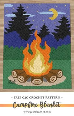 the campfire blanket is made with free crochet pattern and has a bonfire on it