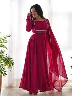 Readymade Anarkali Salwar Suit Processing Time : 7 Business Days Work : Fancy Lace Work Fabric:Top : Pure Soft Georgette Bottom : Micro Cotton Silk Dupatta : Pure Soft Georgette Color:Top : Rust Pink Rani Bottom : Rust Pink Rani Dupatta : Rust Pink Rani Full Sleeve Gowns, डिजाइनर कपड़े, Georgette Anarkali, Gown With Dupatta, Anarkali Dress Pattern, Anarkali Gown, Anarkali Suit, Anarkali Dress, Gowns With Sleeves