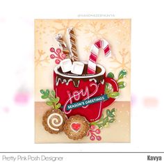 a close up of a card with a cup of hot chocolate and marshmallows