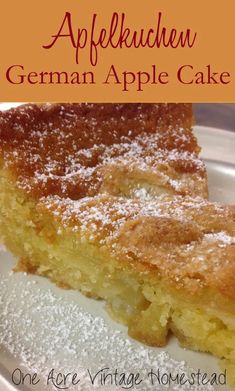 a piece of cake on a plate with powdered sugar and the words, apple kuchen german apple cake