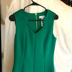 Nwt Calvin Klein Bright Green Size 10 Dress *See Pics For Snags* See Pictures For Damage! Never Worn, New With Tags, Calvin Klein Womens Size 10 Bright Green, Emerald Green, Midi Dress! Super Cute And Professional Lookingperfect For Day To Night! Elegant Heavy Gold Zipper And Closure. Gorgeous Pleats And Neckline. Spandex Means She’s Stretchy And Flattering! Flatters Every Body Type! Dry Clean Only 91% Polyester 9% Spandex Shell Office Wear Legal Wear Professional Wear Green Fitted Sleeveless V-neck Dress, Fitted Green Sleeveless V-neck Dress, Calvin Klein V-neck Mini Dress For Spring, Stretch Sleeveless Lined Tops, Calvin Klein Sleeveless Lined Mini Dress, Calvin Klein Fitted V-neck Sleeveless Dress, Calvin Klein Fitted Sleeveless V-neck Dress, Elegant Calvin Klein Sleeveless V-neck Dress, Green Sleeveless Lined Mini Dress