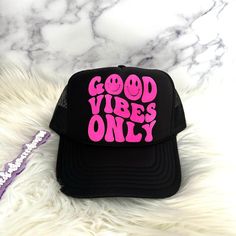 Good Vibes Only Trucker hat available in 17 different colors to choose from.  This design is a screen print...so, unfortunately I can Not make any changes to writing or color of the design.  Classic Plain & 2 Tones BK Caps Trucker Hats (With a slightly curved bill, not flat, not too curve)  5 Panel SnapBack Mesh Trucker Caps Hats 100% Polyester Front 100% Polyester Mesh Back The Traditional Look: 5-panel cap Seamless Foam Front Panel with Lining Matching Color Braid 8 Rows Stitching on Visor Mat Casual Adjustable Snapback Hat With Graphic Print, Casual Adjustable Graphic Print Snapback Hat, Casual Adjustable Trucker Hat With Graphic Print, Trendy Snapback Hat With Graphic Print, Trendy Graphic Print Snapback Hats, Casual 5-panel Trucker Hat With Graphic Print, Trendy Graphic Print Cap, Trendy Graphic Print Snapback Trucker Hat, Trendy Snapback Trucker Hat With Graphic Print