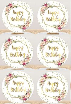 happy birthday cake toppers with flowers and gold foil lettering on white paper, set of four