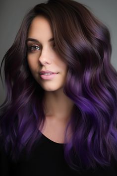 Dark Violet Vampire Hair Color, Brown And Purple Hair Highlights, Brunette Hair Coloring, Dark Brown Hair With Colorful Highlights, Purple Balayage Brown Hair, Brunette Purple Ombre, Purple On Black Hair, Brown With Purple Hair, Purple Hair Brunette