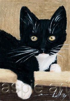 a painting of a black and white cat with yellow eyes