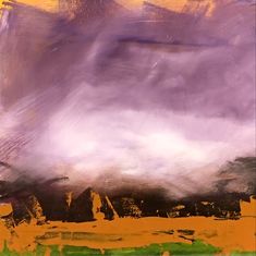 an abstract painting with yellow and purple colors on it's surface, in the foreground is a dark cloud