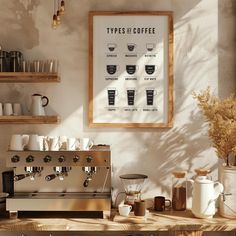 a coffee machine sitting on top of a wooden table next to a wall mounted poster