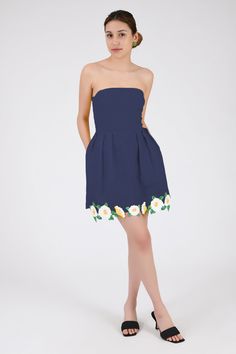 SINA | Fanm Mon Linen Dress Spring A-line Strapless Dress, Lined, Strapless Floral Applique Spring Dress, Strapless Floral Applique Dress For Spring, Strapless Spring Dresses With Floral Applique, Strapless Floral Embroidery Dress For Garden Party, Strapless Floral Embroidery Dress For Spring, Spring Floral Embroidered Strapless Cocktail Dress, Floral Embroidered Strapless Dress For Spring, Spring Floral Embroidered Strapless Sleeveless Dress